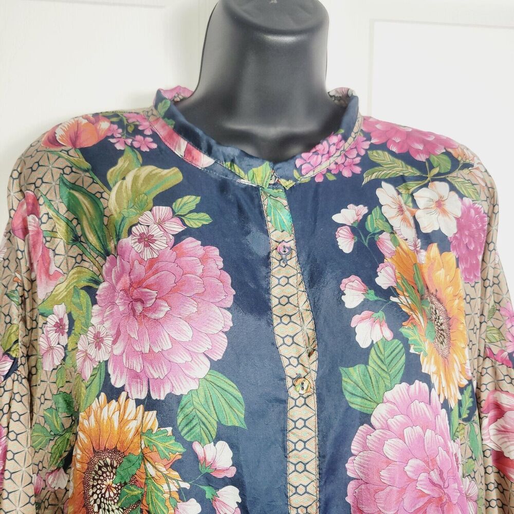 Johnny Was Navy Hot Pink Floral SILK Kimono Blouse - Picture 2 of 13